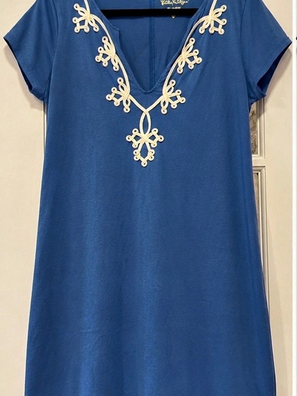 Lilly Pulitzer XL Blue Pima Cotton Shift Dress White Embroidered V-Neck Resort